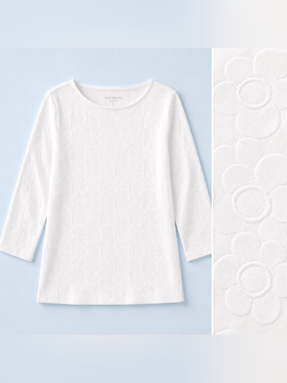 Talbots Boatneck Textured 3/4 Sleeve Floral Embossed Tshirt Cotton Poly Blend XL